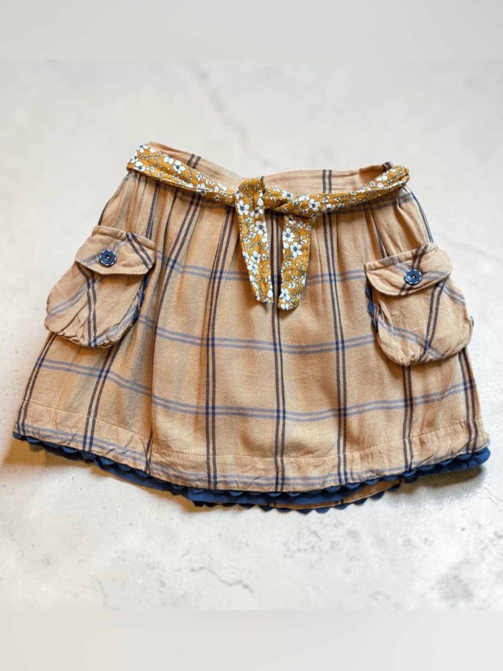 Matilda Jane | Brown and Navy Plaid Skirt with Tan Floral Waistband | 6